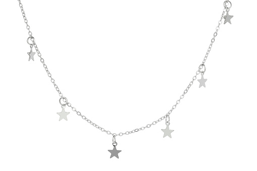 One metal chain with star pendants isolated on white. Luxury jewelry