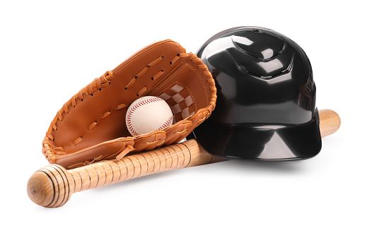 Close-up of a baseball in a vintage baseball glove.