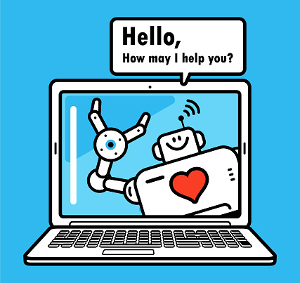 Cute AI characters vector art illustration.
An AI chatbot assistant or an Artificial Intelligence Robot Doctor with a love heart sign greets on a laptop computer screen, Heartfelt Conversations: Your AI Chat Companion.