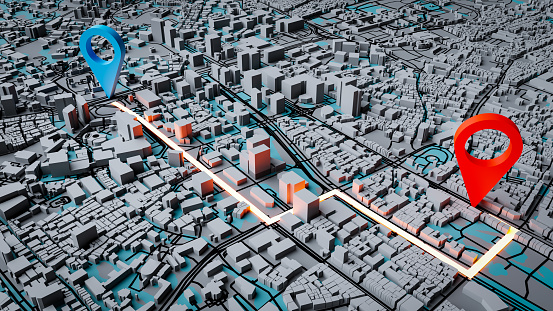 Background of the navigation concept of finding the optimal route in the city, 3d rendering