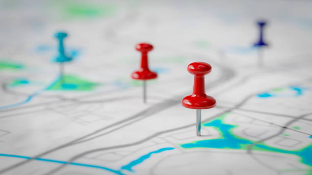 fondo de concepto de servicio local basado en la ubicación con pines en el mapa, renderizado 3d - mapa de carretera fotografías e imágenes de stock