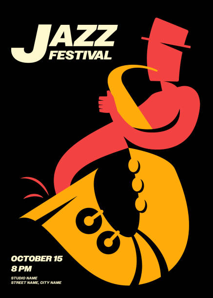 ilustraciones, imágenes clip art, dibujos animados e iconos de stock de diseño de plantilla de cartel de festival de música con saxofón estilo retro vintage - jazz