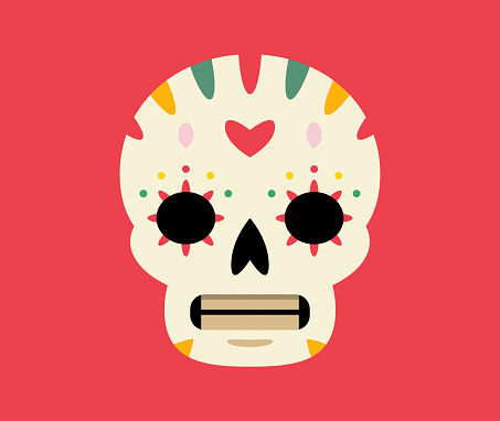 Vector illustration of a Mexican style human skull with a colored background