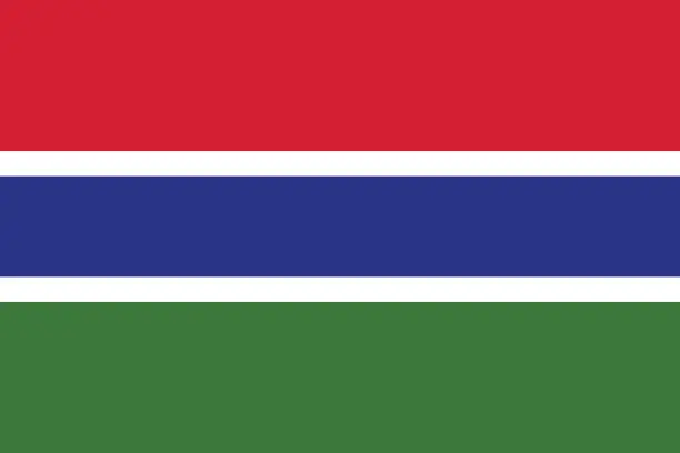 Vector illustration of Gambia flag. The official ratio. Flag icon. Standard color. Standard size. A rectangular flag. Computer illustration. Digital illustration. Vector illustration.