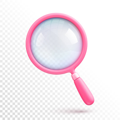 Pink cartoon magnifying glass with pink wooden handle and reflection on lens for Valentine's day or searching for love concept. 3d vector icon on transparent background