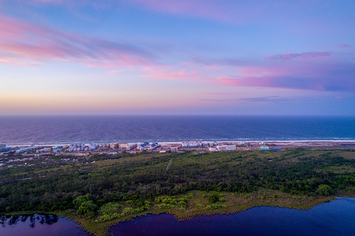 Aerial view of Gulf Shores at sunrise in Gulf Shores, Alabama, United States