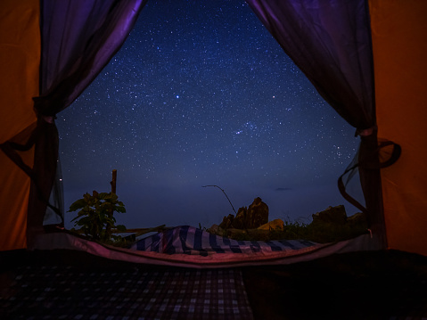 The view from the tent looking out to a view of the outside is many stars on the sky