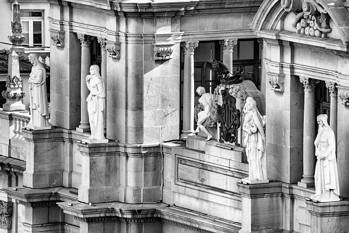 statues in the modernist building in the town hall square in Valencia, Valencian Community, Spain