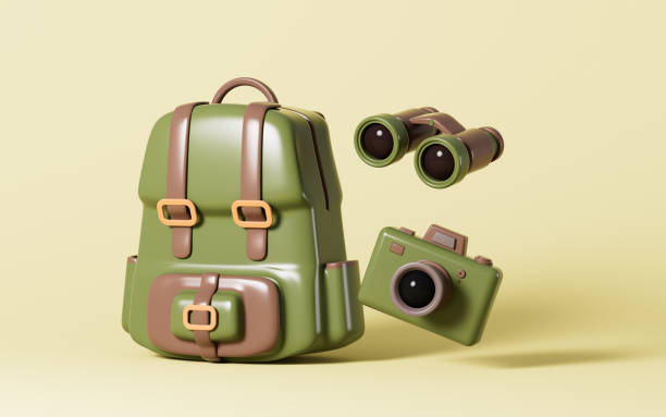istock Cartoon hiking bag, binoculars and camera, 3d rendering. 1921100885