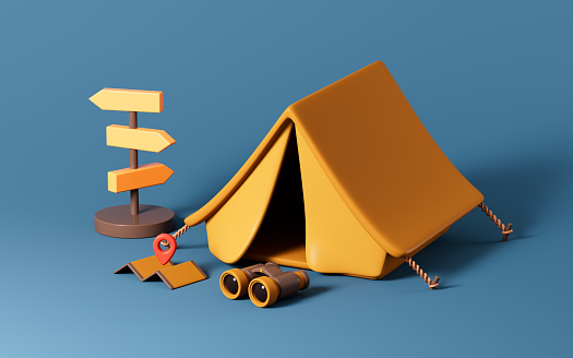 Cartoon tent, binoculars, map and guidepost, 3d rendering. 3d illustration.