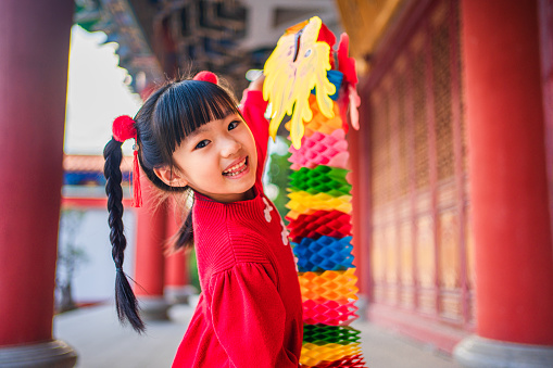Girls Celebrating Spring Festival at Qingyun Zen Temple in Shantou  Guangdong China,Celebrate the Chinese Spring Festival.