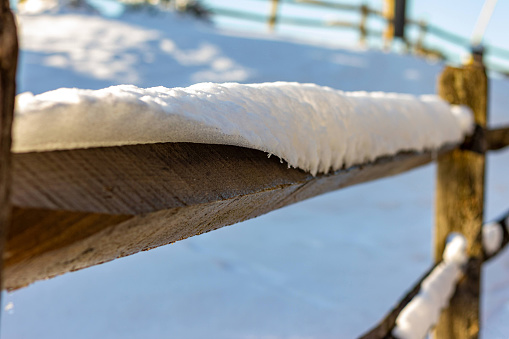 Perspective shot of snow on wood fence in Albany, New York, United States