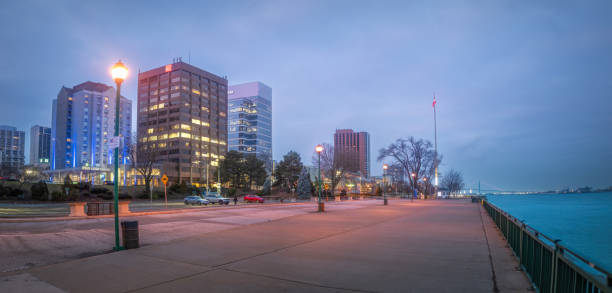 The Windsor, Ontario skyline at dusk.
