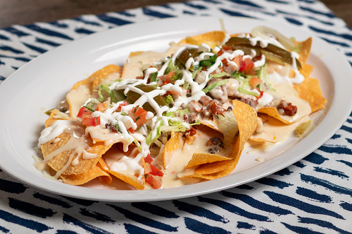 Carne Asada Nachos with sour cream, queso and tomatoes in Prattville, Alabama, United States
