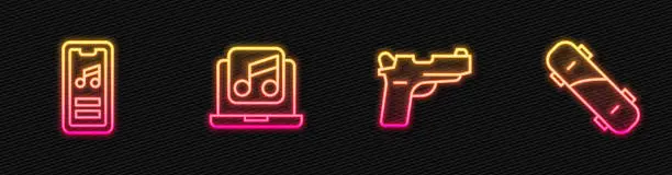 Vector illustration of Set line Pistol or gun, Music player, Laptop with music and Skateboard. Glowing neon icon. Vector