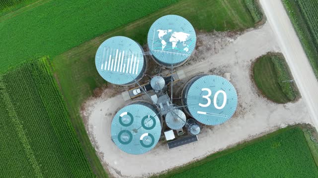 Grain silos with digital overlays for IOT and autonomous unloading in precision agriculture. Top down spinning aerial drone shot with special effects animation. Global agronomy theme.