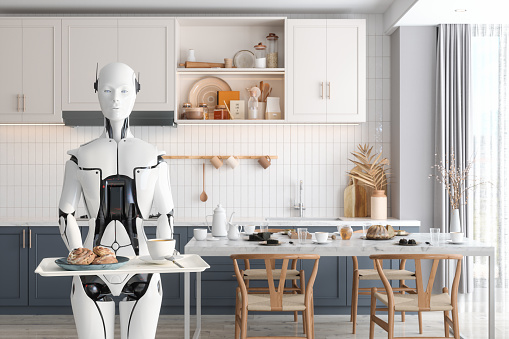 Robot Maid Holding Tray And Serving In The Kitchen