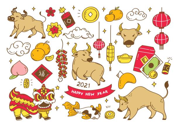 Chinese new year doodles, year of the ox Chinese new year doodles, year of the ox chinese lampion stock illustrations