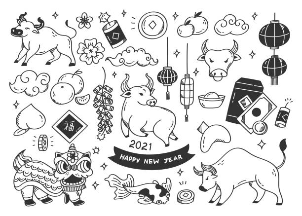 Chinese new year doodles, year of the ox Chinese new year doodles, year of the ox chinese lampion stock illustrations