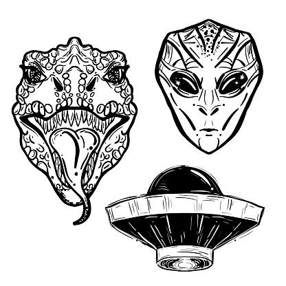 Conspiracy theories collection of sketch prints. reptilians lizard people and politician aliens controls planet,aliens, flying saucer