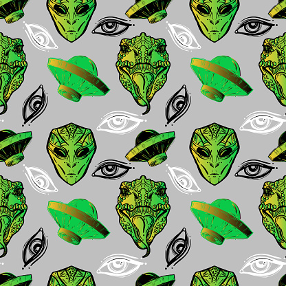 Conspiracy theories sketch seamless pattern. reptilians lizard people and politician aliens controls planet,aliens, flying saucer