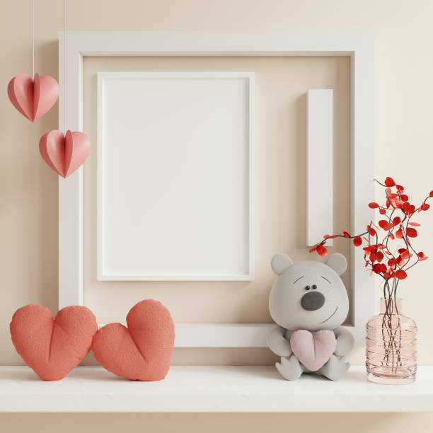 istock White frame leaning on white shelf in Valentine interior room on empty wall background 1921211452
