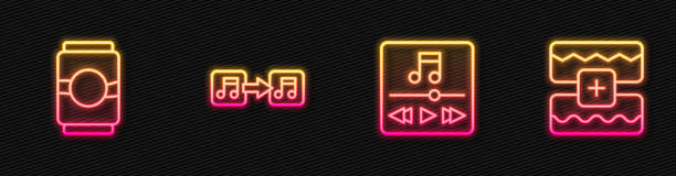 Set line Music player, Beer can, note, tone and wave equalizer. Glowing neon icon. Vector Set line Music player, Beer can, note, tone and wave equalizer. Glowing neon icon. Vector. neon music notes stock illustrations