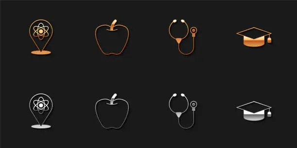 Vector illustration of Set Atom, Apple, Stethoscope and Graduation cap icon. Vector