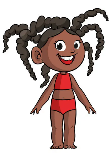 Vector illustration of Cute young afro-american girl wearing swimming suit. Vector cartoon  
illustration of a teenager in casual street clothes presenting. Outlined