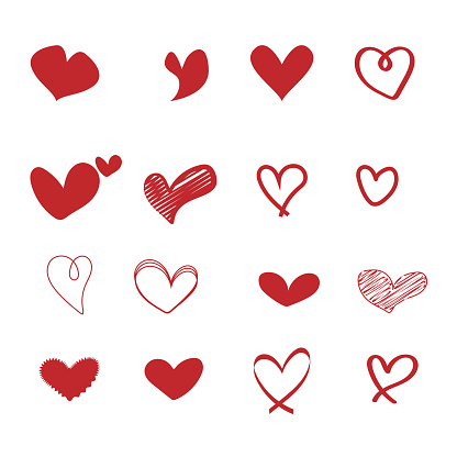 Set of handdrawn red heart icon symbol isolated on white background