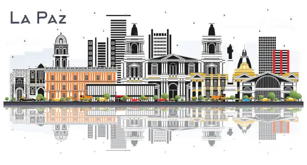 Vector illustration of La Paz Bolivia City Skyline with Color Buildings and reflections Isolated on White. Business Travel and Tourism Concept with Historic Architecture. La Paz Cityscape with Landmarks.