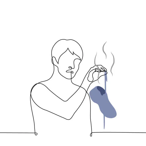 Vector illustration of man looks with disgust at a smelly sneaker in his hand - one line drawing vector. dirty sweaty sneaker concept