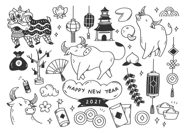 Chinese new year doodles, year of the ox Chinese new year doodles, year of the ox chinese lampion stock illustrations