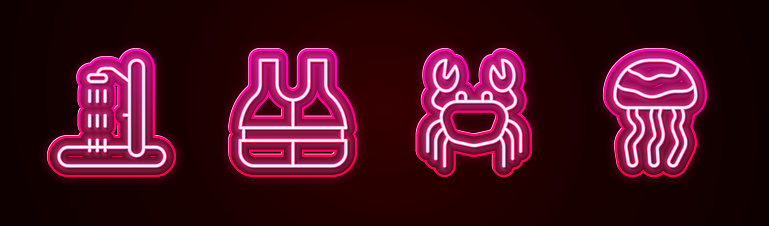 Set line Beach shower, Life jacket, Crab and Jellyfish. Glowing neon icon. Vector.