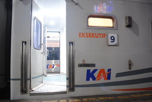 Surabaya,Indonesia-12/27/2023:\nTrain carriages owned by PT KAI.\nPT Kereta Api Indonesia (Persero) or KAI is a State-Owned Enterprise (BUMN) which operates in the railway sector. KAI provides public transportation services by train, both for passenger and goods transportation.