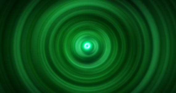 Abstract background of bright green glowing energy magic radial circles of spiral tunnels made of lines.