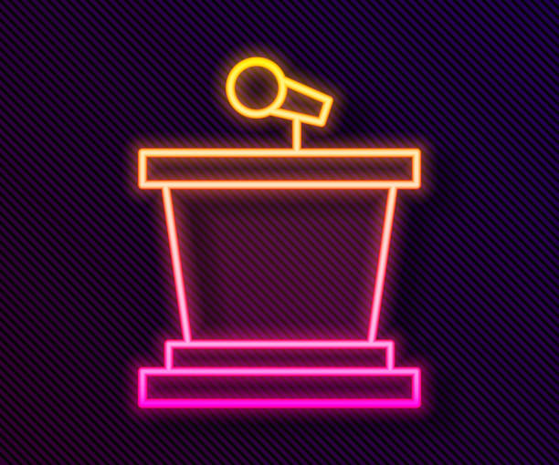 ilustrações de stock, clip art, desenhos animados e ícones de glowing neon line stage stand or debate podium rostrum icon isolated on black background. conference speech tribune. vector - winners podium audio