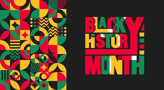 Black history month colorful lettering typography with Neo geometric seamless pattern background.