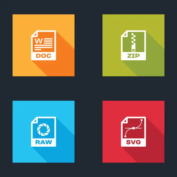 Vector illustration of Set DOC file document, ZIP, RAW and SVG icon. Vector