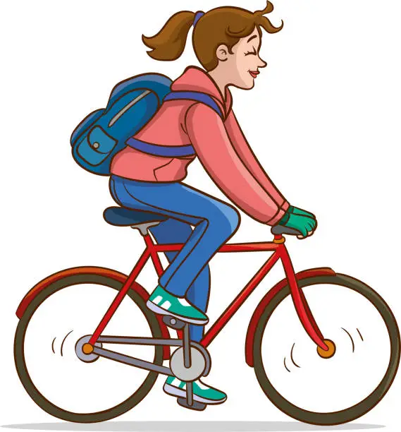 Vector illustration of vector illustration of a Young Woman Riding a Bicycle with a Backpack