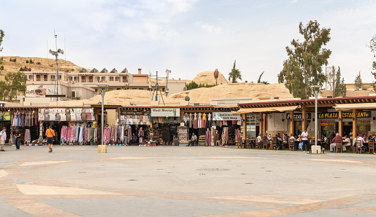 Wadi Musa, Jordan, October 05, 2023 : A tourist center with many shops for tourists at the entrance to Petra in Wadi Musa city in Jordan