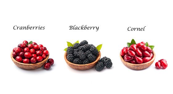 Collage of  berry on white backgrounds. Cranberries, blackberry, cornel in wooden bowl on white backgrounds