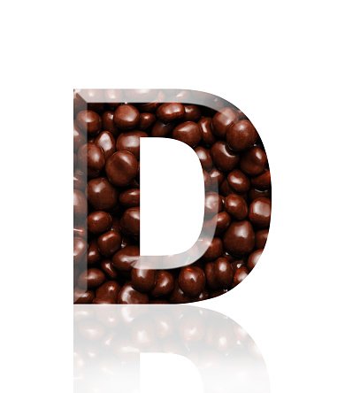 Close-up of three-dimensional chocolate alphabet letter D on white background.