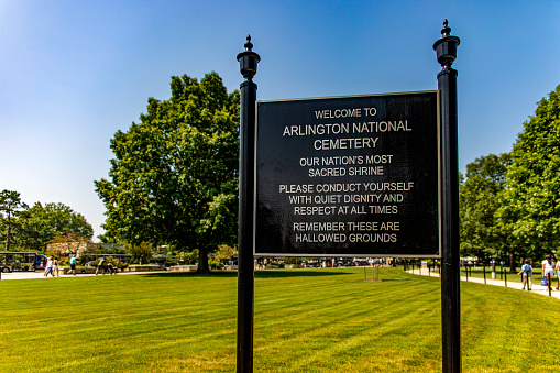 The entrance sign to Arlington National Cemetery, which is the most famous in the military world.