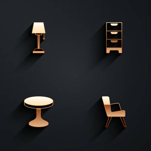 istock Set Floor lamp, Chest of drawers, Round table and Armchair icon with long shadow. Vector 1921443213