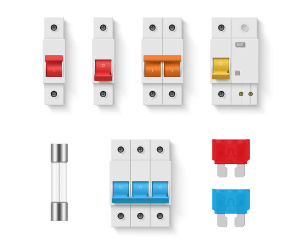 Electric fuse switch buttons components electrical protection set realistic vector illustration Electric fuse switch buttons components electrical protection set realistic vector illustration. Electricity control panel energy circuit system voltage automatic technology industrial power breaker electrical fuse stock illustrations