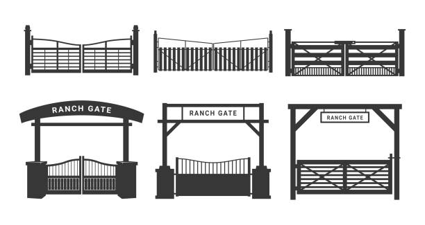 ilustrações, clipart, desenhos animados e ícones de ranch gate preto monocromático minimalista silhueta ícone conjunto vetor ilustração plana - non urban scene silhouette fence gate