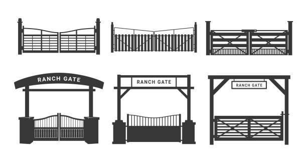 Ranch gate black monochrome minimalist silhouette icon set vector flat illustration Ranch gate black monochrome minimalist silhouette icon set vector flat illustration. Rustic vintage farmland entrance metallic wooden construction country village enter exit farm architecture fence ranch stock illustrations