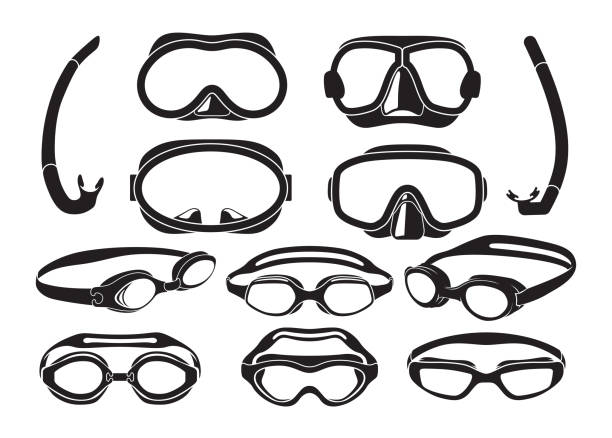 Swimming goggles mask tube diving water protective accessories black minimal set isometric vector Swimming goggles mask and tube diving water protective accessories black minimal set isometric vector illustration. Underwater pool swimwear sport exercise leisure activity tool for eyes protection cartoon of a swimming goggles stock illustrations
