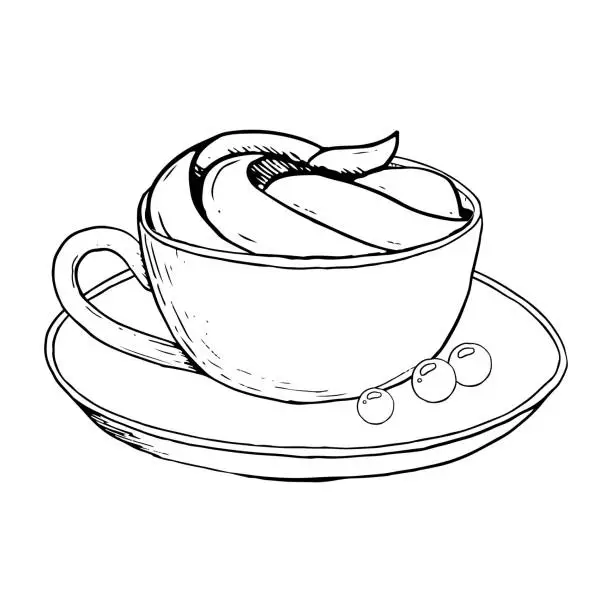 Vector illustration of Cappuccino coffee cup with whipped cream and round candies vector black and white illustration for menus, invitations, logos, and prints
